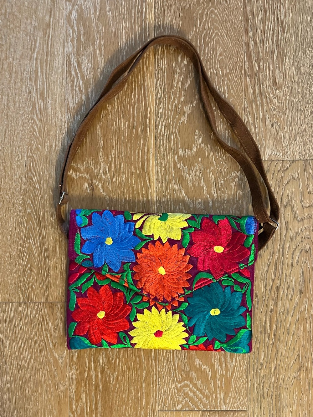 Hand-Embroidered Multicolor Floral Shoulder Bag with Brown Strap